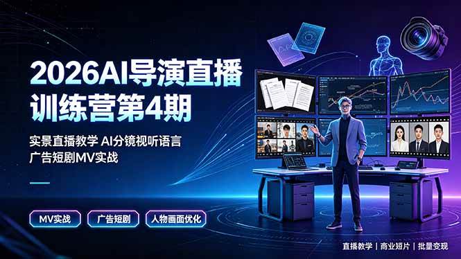 (19216期)2026AI导演直播训练营第4期,实景直播教学AI分镜视听语言,广告短剧MV实战,解决人物画面崩坏痛点-玩备项目资源网