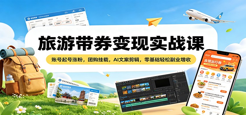 旅游带券变现实战课：账号起号涨粉，团购挂载，AI文案剪辑，零基础轻松副业增收-玩备项目资源网