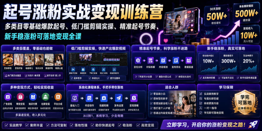 苗子起号涨粉实战变现训练营,多类目零基础爆款起号、精准起号节奏、新手稳涨粉可落地变现全课-玩备项目资源网