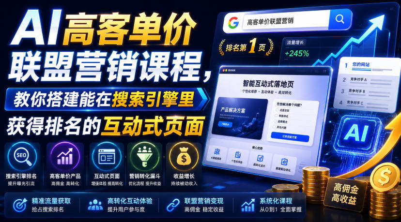AI高客单价联盟营销课程,教你搭建能在搜索引擎里获得排名的互动式页面,引来流量,把访客转化为高佣金的成交【原创双语字幕】-玩备项目资源网