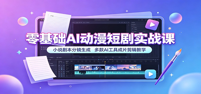 零基础AI动漫短剧实战课：小说剧本分镜生成，多款AI工具成片剪辑教学-玩备项目资源网