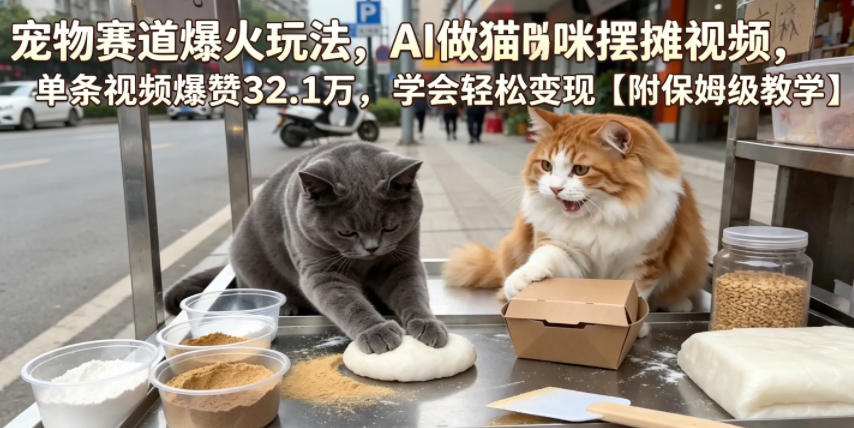 宠物赛道爆火玩法,AI做猫咪摆摊视频,单条视频爆赞32.1万,学会轻松变现【附保姆级教学】-玩备项目资源网