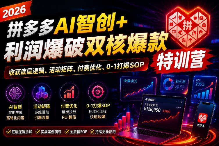 2026拼多多AI智创+利润爆破双核爆款特训营，收获底层逻辑、活动矩阵、付费优化、0-1打爆SOP-玩备项目资源网