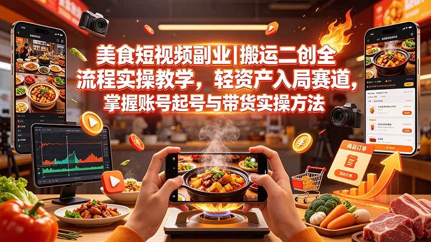 (19535期)美食短视频副业|搬运二创全流程实操教学,轻资产入局赛道,掌握账号起号与带货实操方法-玩备项目资源网