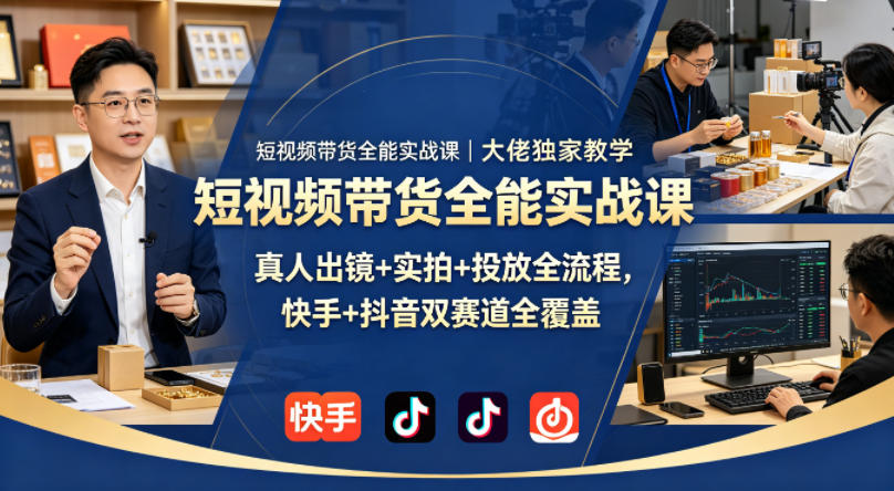 短视频带货全能实战课｜大佬独家教学，真人出镜+实拍+投放全流程，快手+抖音双赛道全覆盖-玩备项目资源网
