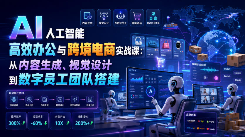 AI人工智能高效办公与跨境电商实战课:从内容生成、视觉设计到数字员工团队搭建-玩备项目资源网