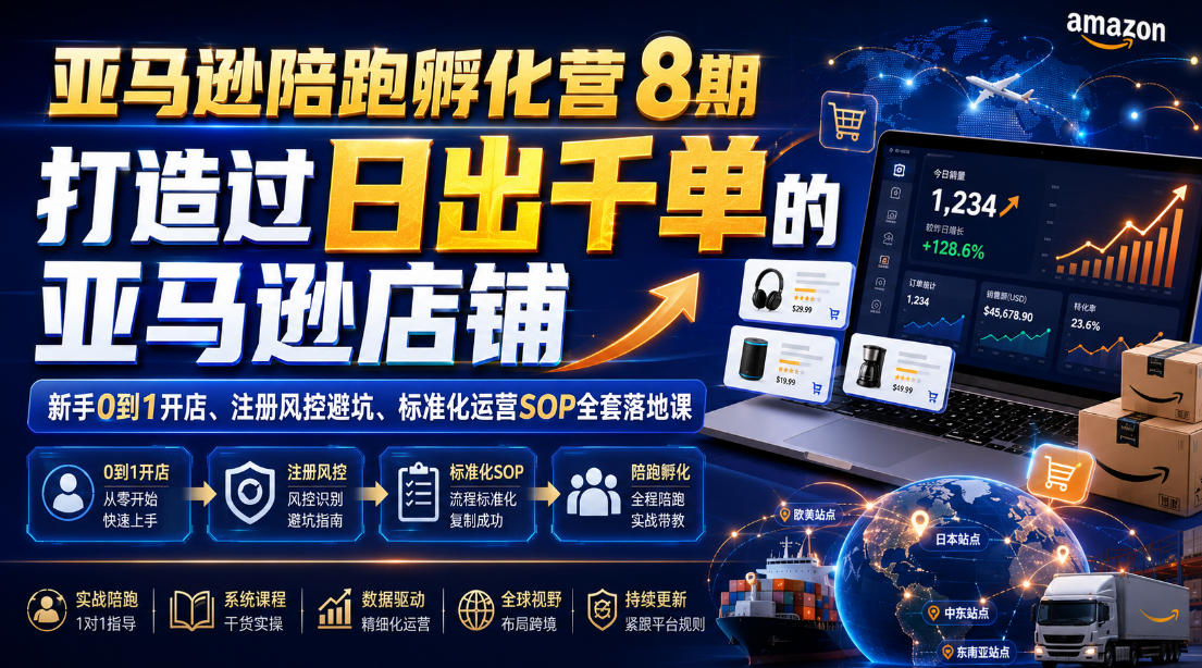 亚马逊陪跑孵化营8期，打造过日出千单的亚马逊店铺，新手0到1开店、注册风控避坑、标准化运营SOP全套落地课-玩备项目资源网