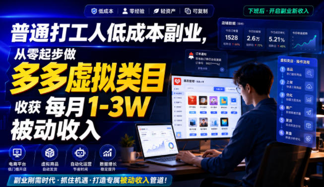 普通打工人低成本副业，从零起步做多多虚拟类目，收获每月1-3W被动收入【揭秘】-玩备项目资源网