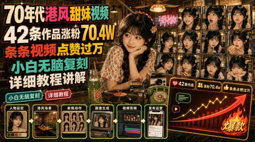 70年代港风甜妹视频,42条作品涨粉70.4W,条条视频点赞过万,小白无脑复刻,详细教程讲解-玩备项目资源网