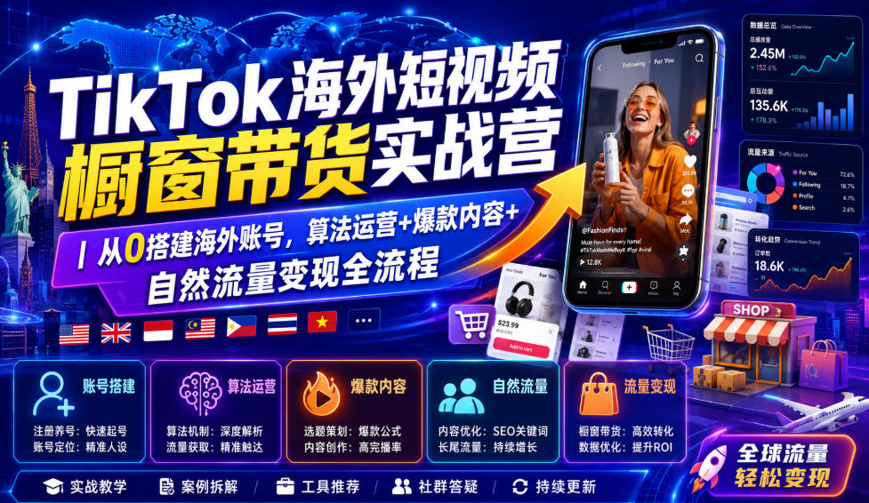 TikTok海外短视频橱窗带货实战营｜从0搭建海外账号，算法运营+爆款内容+自然流量变现全流程-玩备项目资源网