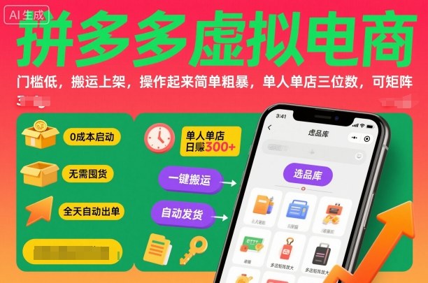 拼多多虚拟电商,门槛低,搬运上架,操作起来简单粗暴,单人单店三位数,可矩阵-玩备项目资源网