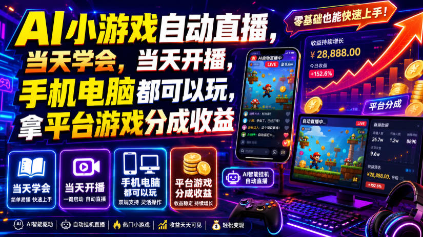 AI小游戏自动直播,当天学会,当天开播,手机电脑都可以玩,拿平台游戏分成收益-玩备项目资源网