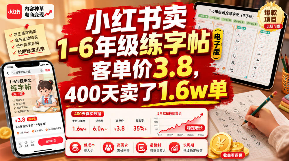 小红书卖1-6年级练字帖(电子版),客单价3.8,400天卖了1.6w单-玩备项目资源网
