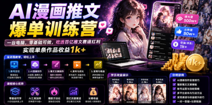 AI漫画推文爆单训练营,一台电脑,零基础可做,吃透百亿推文赛道红利,实现单条作品收益1k+(更新0705)-玩备项目资源网
