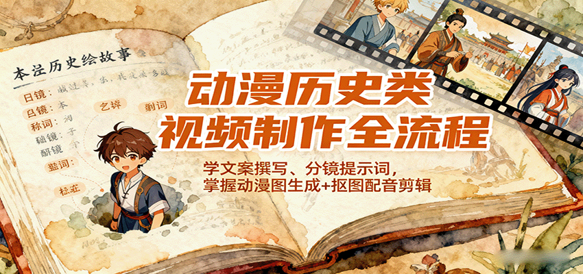 动漫历史类视频制作全流程，学文案撰写、分镜提示词，掌握动漫图生成+抠图配音剪辑-玩备项目资源网
