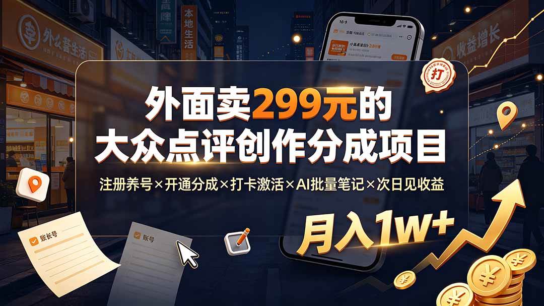 (19488期)外面卖299元的大众点评创作分成项目:注册养号×开通分成×打卡激活×AI批量笔记×次日见收益,月入1w+-玩备项目资源网