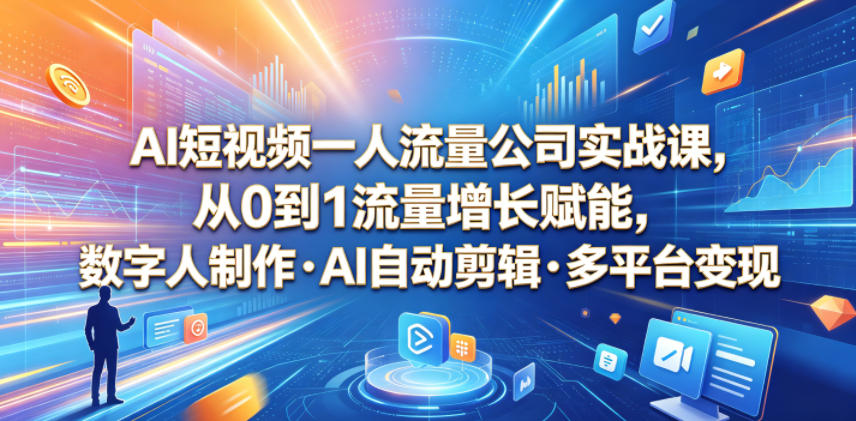 AI短视频一人流量公司实战课，从0到1流量增长赋能，数字人制作・AI自动剪辑・多平台变现，一人做流量生意全落地教程-玩备项目资源网