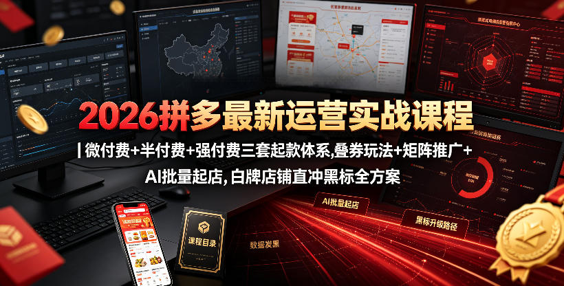 2026拼多多最新运营实战课程｜微付费+半付费+强付费三套起款体系，叠券玩法+矩阵推广+AI批量起店，白牌店铺直冲黑标全方案-玩备项目资源网