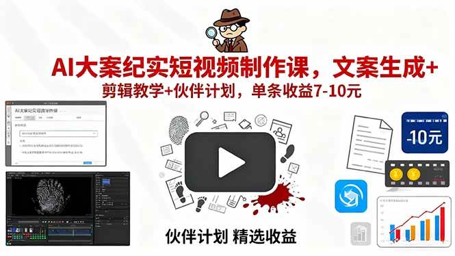 （15992期）AI大案纪实短视频制作课，文案生成+剪辑教学+伙伴计划，单条收益7-10元-玩备项目资源网