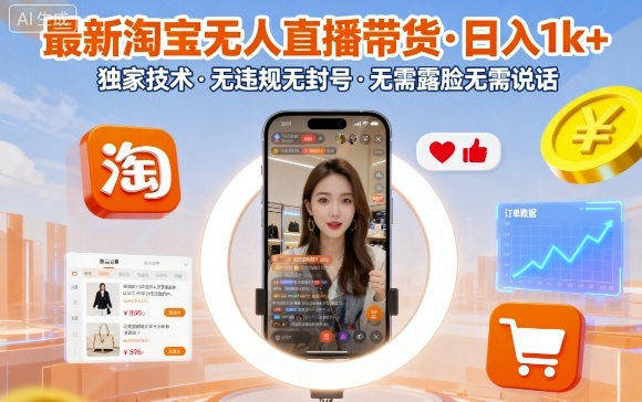 最新淘宝无人直播带货，日入1k+，独家技术，无违规无封号，无需露脸无需说话【揭秘】-玩备项目资源网