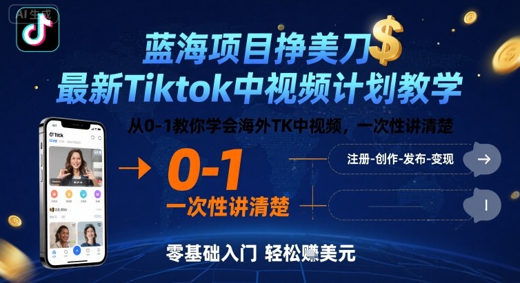 蓝海项目挣美刀，最新Tiktok中视频计划教学，从0-1教你学会海外TK中视频，一次性讲清楚-玩备项目资源网