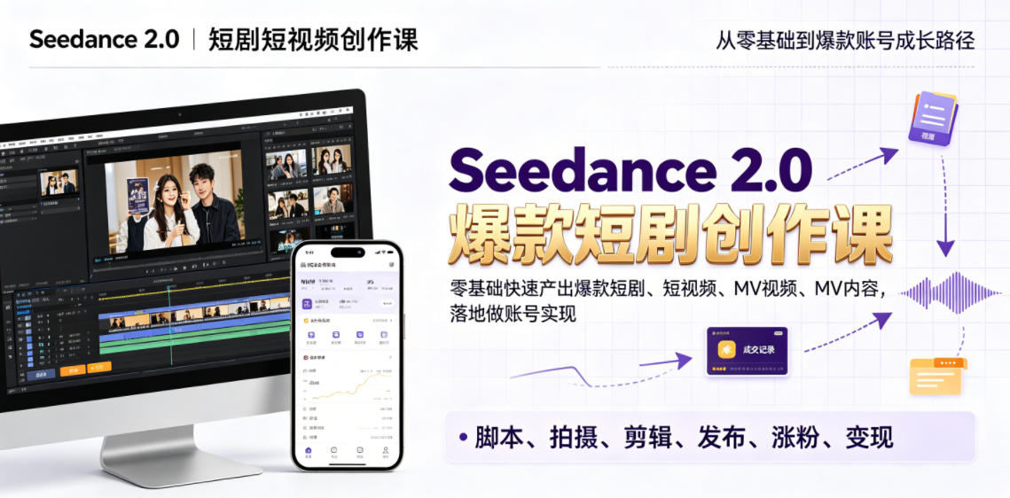 Seedance 2.0短剧短视频创作课，零基础快速产出爆款短剧、短视频、MV内容，落地做账号实现变现-玩备项目资源网