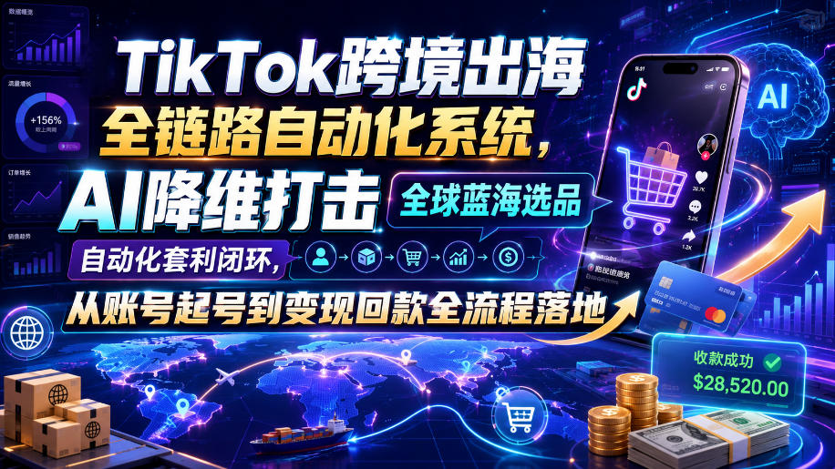 TikTok跨境出海全链路自动化系统,AI降维打击全球蓝海选品自动化套利闭环,从账号起号到变现回款全流程落地(2026年7月)-玩备项目资源网