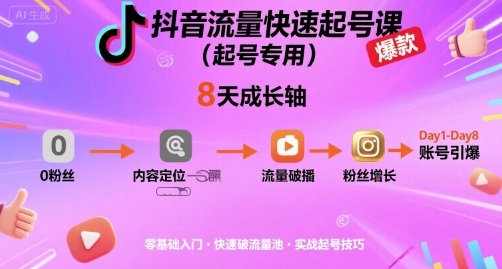 抖音流量快速起号课（起号专用），8天带你做爆自己的账号-玩备项目资源网