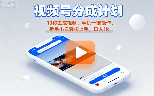 视频号分成计划懒人玩法，10秒生成视频，手机一键操作，新手小白轻松上手，日入1K【揭秘】-玩备项目资源网