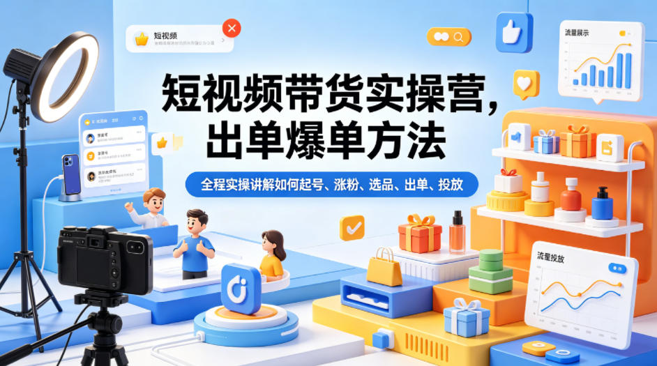 短视频带货实操营，出单爆单方法，全程实操讲解如何起号、涨粉、选品、出单、投放-玩备项目资源网