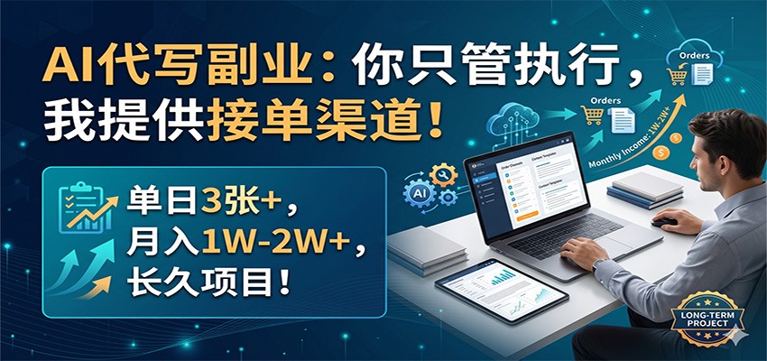 AI代写副业：你只管执行，我提供接单渠道！单日3张+，月入1W-2W+，长久项目-玩备项目资源网
