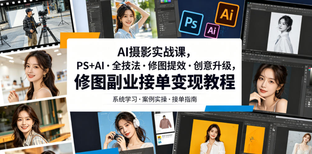 AI摄影实战课，PS+AI・全技法・修图提效・创意升级，修图副业接单变现教程-玩备项目资源网