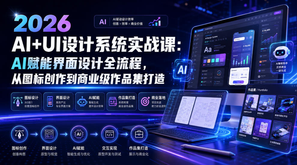 2026 AI+UI设计系统实战课:AI赋能界面设计全流程,从图标创作到商业级作品集打造-玩备项目资源网
