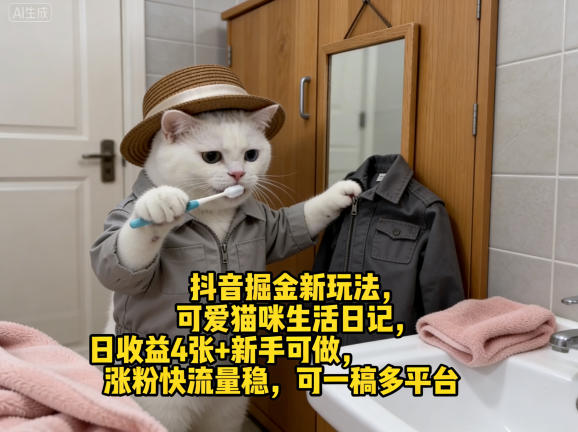 抖音掘金新玩法，可爱猫咪生活日记，日收益4张+新手可做，涨粉快流量稳，可一稿多平台-玩备项目资源网