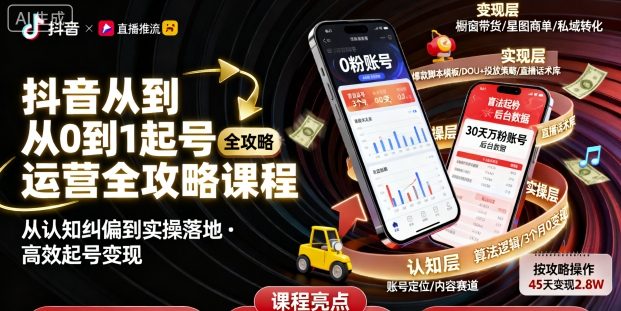 抖音从0到1起号运营全攻略课程，从认知纠偏到实操落地，高效起号变现-玩备项目资源网