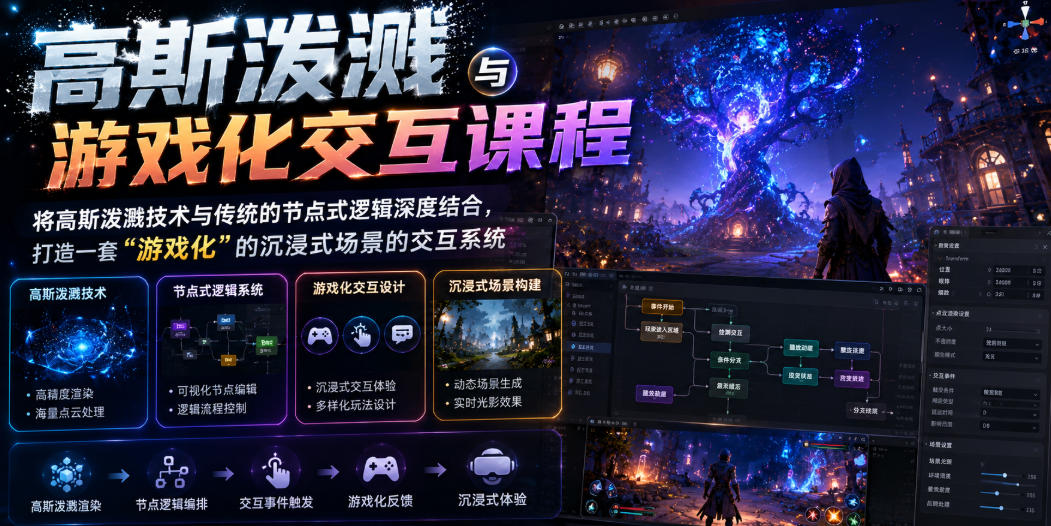 高斯泼溅与游戏化交互课程，将高斯泼溅技术与传统的节点式逻辑深度结合，打造一套“游戏化”的沉浸式场景的交互系统-玩备项目资源网