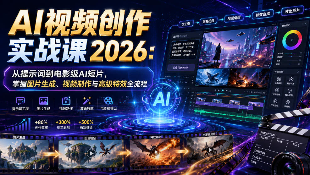 AI视频创作实战课2026:从提示词到电影级AI短片,掌握图片生成、视频制作与高级特效全流程-玩备项目资源网