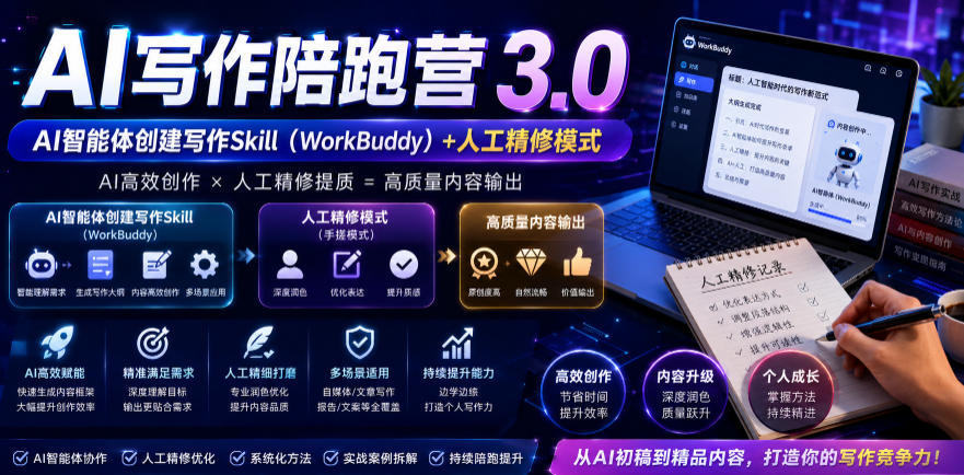 AI写作陪跑营3.0,Ai智能体创建写作skill(workbuddy)+人工手写模式(手搓模式),去除AI痕迹(头条号、公众号、百家号)-玩备项目资源网