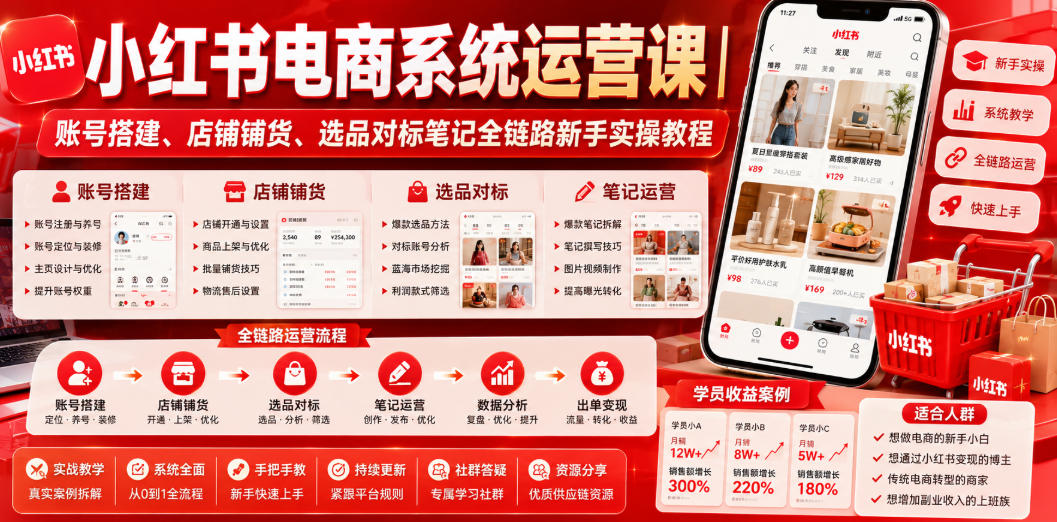 小红书电商系统运营课|账号搭建、店铺铺货、选品对标笔记全链路新手实操教程-玩备项目资源网