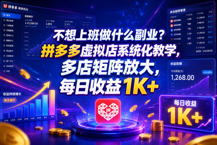 不想上班做什么副业?拼多多虚拟店系统化教学,多店矩阵放大,每日收益1K+【揭秘】-玩备项目资源网
