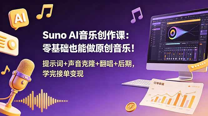 （18945期） Suno AI音乐创作课：零基础也能做原创音乐！提示词+声音克隆+翻唱+后期，学完接单变现-玩备项目资源网