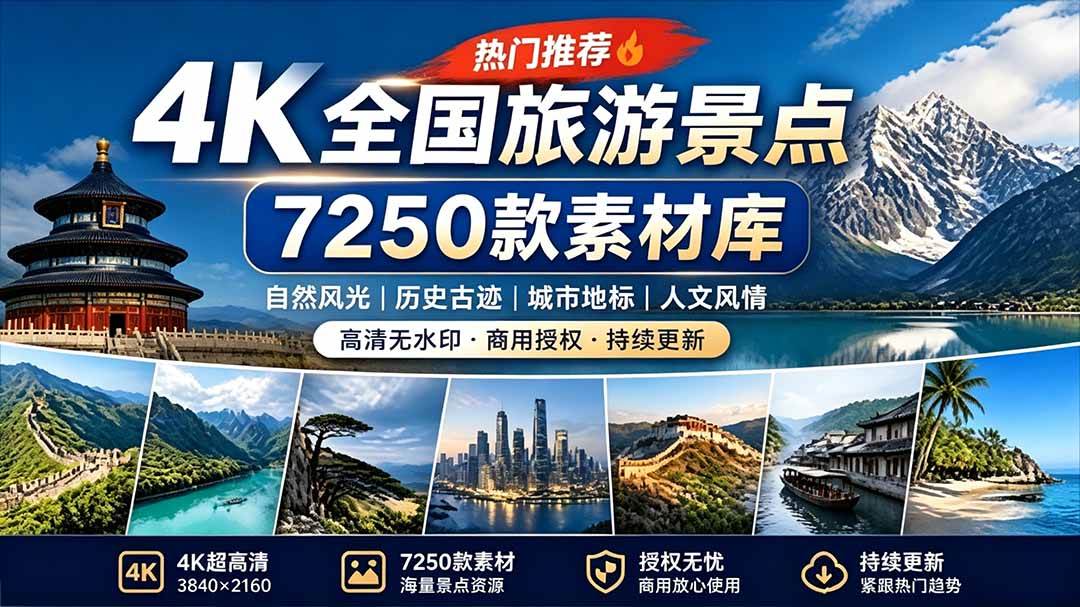 （19309期）热门全国旅游风景素材！4K全国旅游景点素材库，7250款素材，旅行达人城市航拍风景风光高清短视频-玩备项目资源网