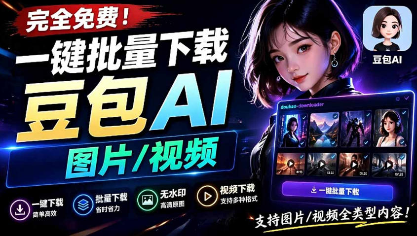 Github最新发布！一键批量下载豆包AI无水印图片/视频，简单易用，自动解析提示词-玩备项目资源网