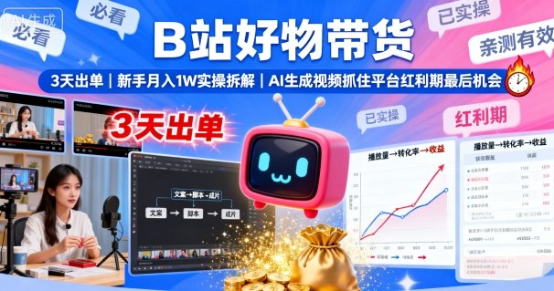 B站好物带货，3天出单，新手月入1W实操拆解，AI生成视频，抓住平台红利期最后机会-玩备项目资源网
