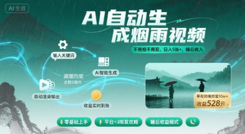 不用拍不用剪！AI自动生成烟雨视频，日入5张+，睡后收入-玩备项目资源网