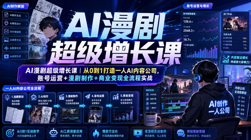 AI漫剧超级增长课|从0到1打造一人AI内容公司,账号运营+漫剧制作+商业变现全流程实战-玩备项目资源网