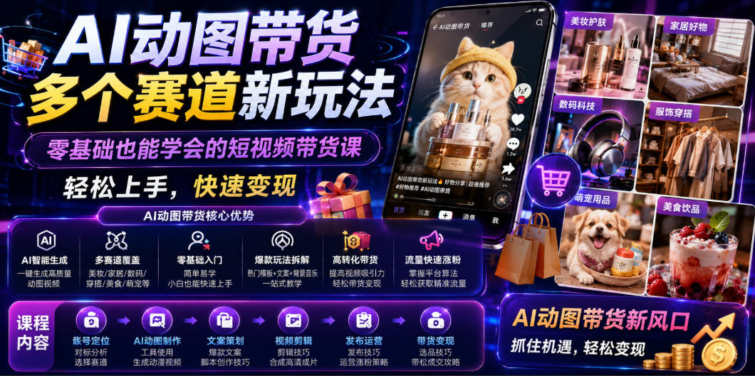 AI动图带货多个赛道新玩法，零基础也能学会的短视频带货课，轻松上手，快速变现-玩备项目资源网