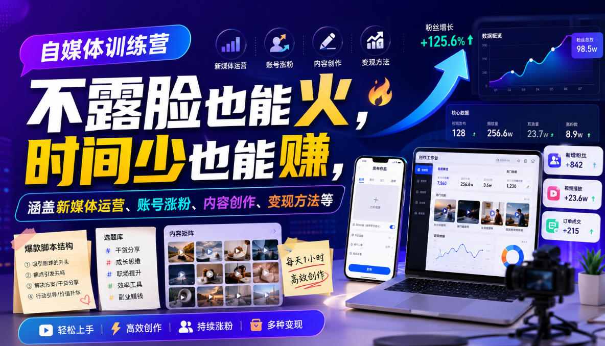 自媒体训练营，不露脸也能火，时间少也能賺，涵盖新媒体运营、账号涨粉、内容创作、变现方法等-玩备项目资源网