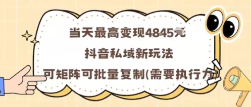 当天最高变现1k+，抖音私域新玩法，可矩阵可批量复制-玩备项目资源网