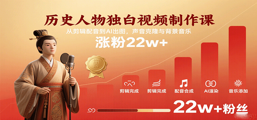 历史人物独白视频制作课，从剪辑配音到AI出图，声音克隆与背景音乐，涨粉22w+-玩备项目资源网